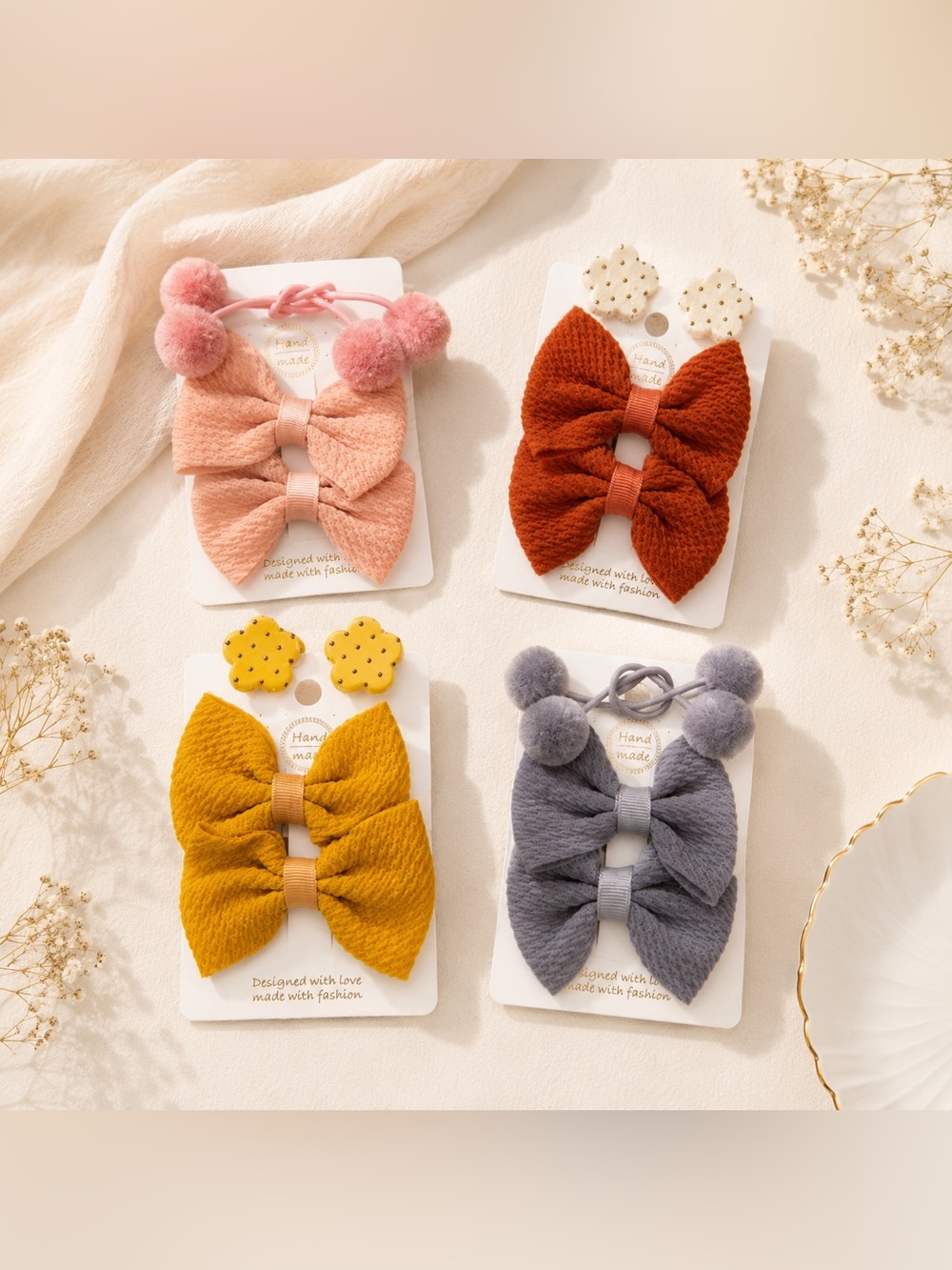 Handmade Kids Hair Bow Set - Pink, Rust, Mustard, Gray